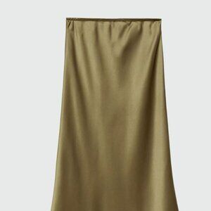 Satin Olive Green Midi Skirt (MANGO)